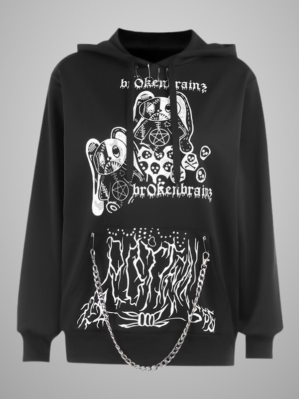 Gothic Dark Rabbit Graphic Printed Chain-trimmed Drawstring Long Sleeve Loose Hoodie