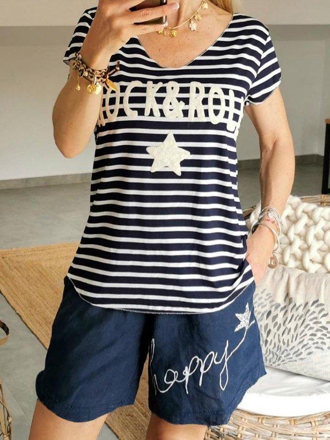 Dark Blue Striped Short Sleeve Casual Suits