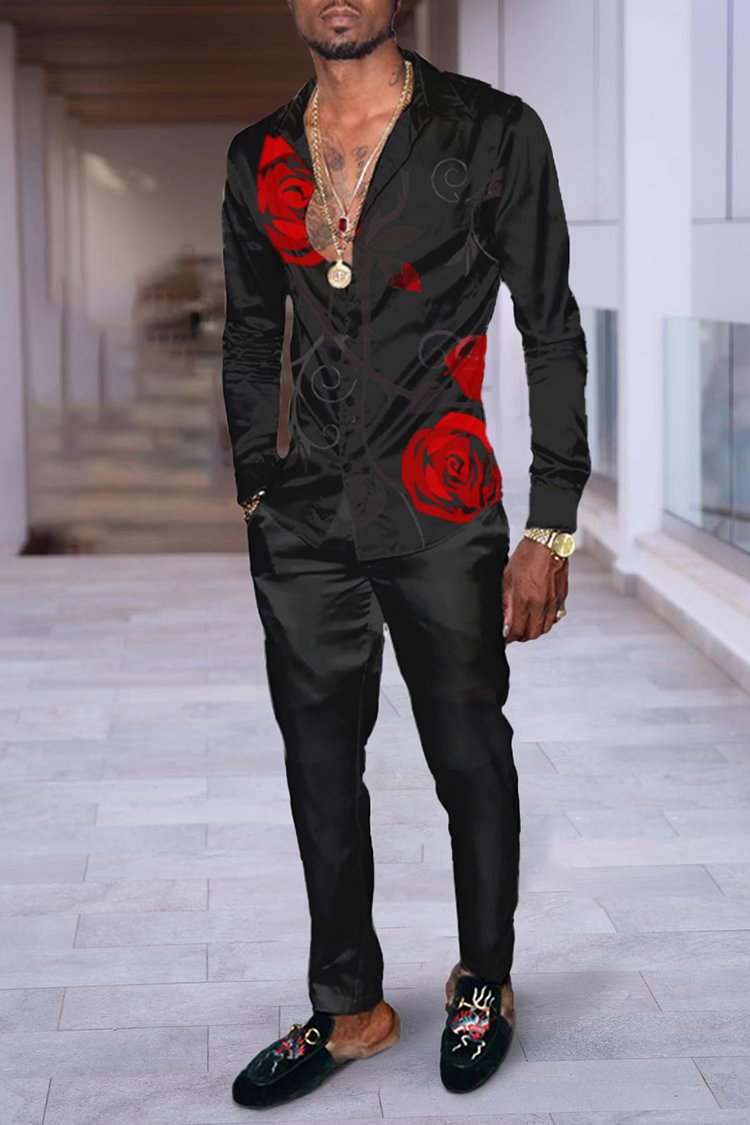 Tiboyz Rose Pattern Men's Outfits Long Sleeve Shirt Two Piece Set