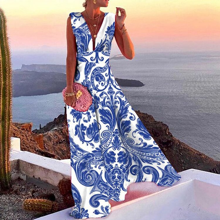 Women's A Line Dress Maxi Dress Sleeveless Floral Print Fall Summer V Neck Elegant Casual Boho Dress