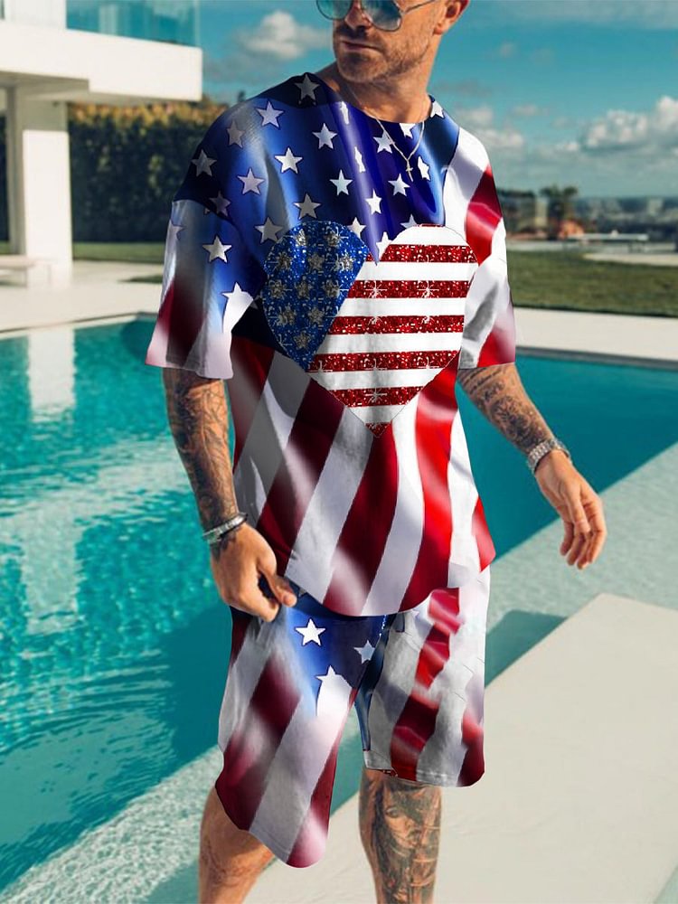 Men's Independence Day Flag Stitching Heart Printing Suit