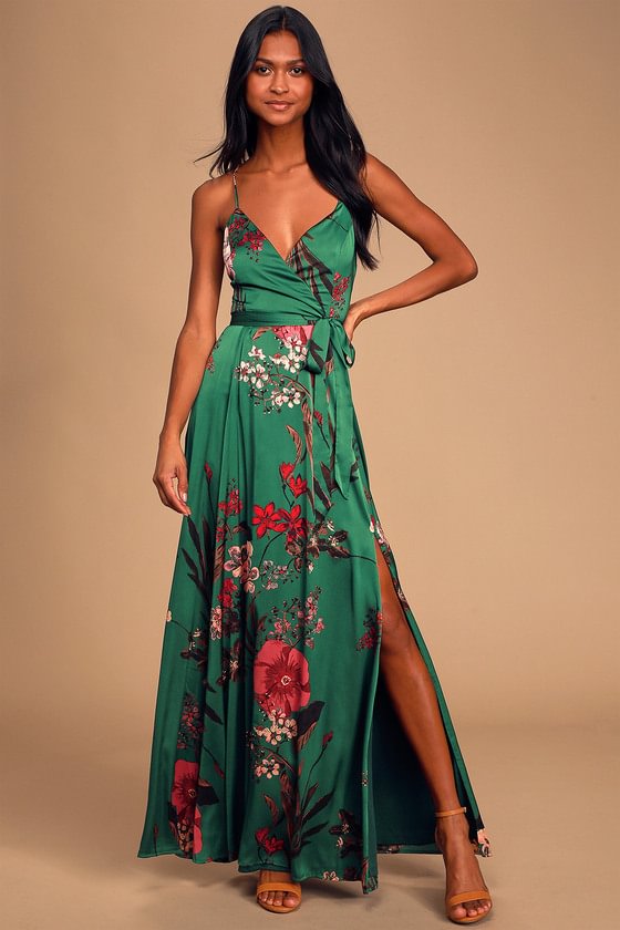 Still The One Emerald Green Floral Print Satin Maxi Womens Dress