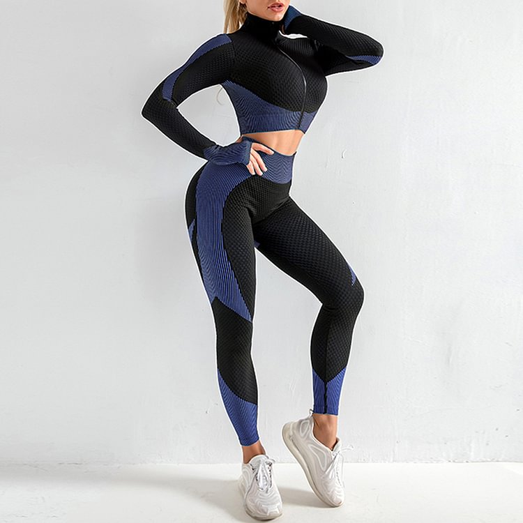 Dark Blue Stand-Up Collar Top High Rise Leggings Young Style Suitable Fitness Yoga