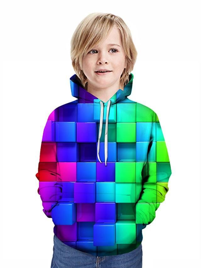 Kids Boys' Active Street chic Geometric 3D Patchwork Print Long Sleeve Hoodie & Sweatshirt Rainbow-Corachic