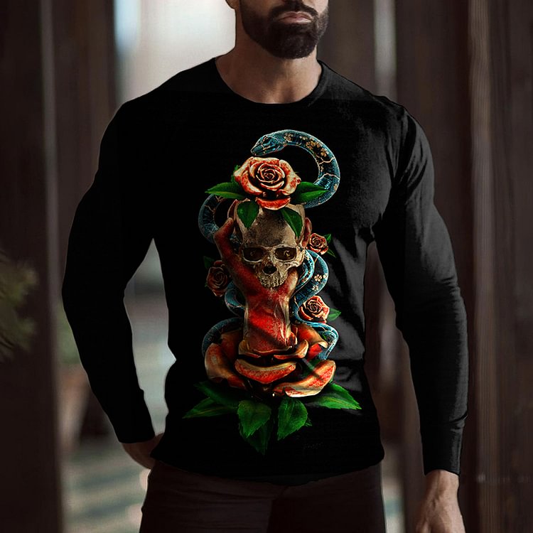 BrosWear Fashion Casual Plant Skull Long Sleeve T-Shirt