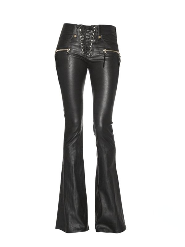 Punk Style Lace Up Zipper Decorated Low Rise PU Flare