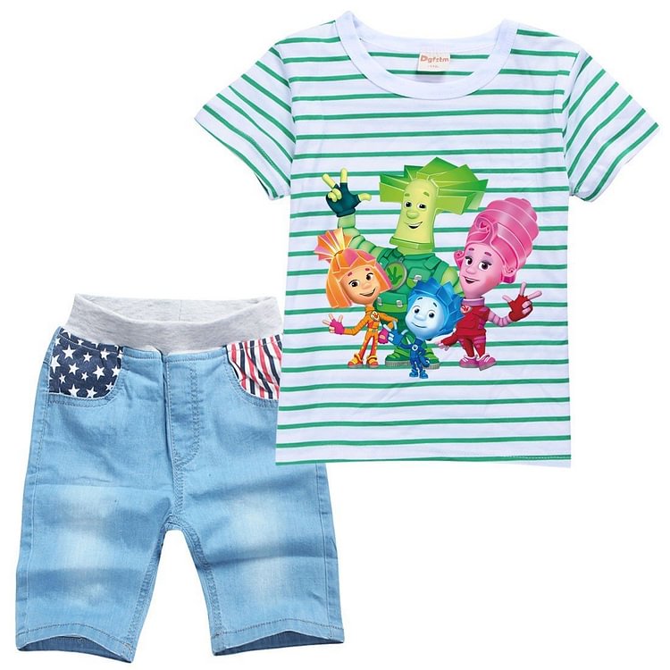 Girls Striped The Fixies Print Boys T Shirt And Denim Shorts Suit Sets-Mayoulove