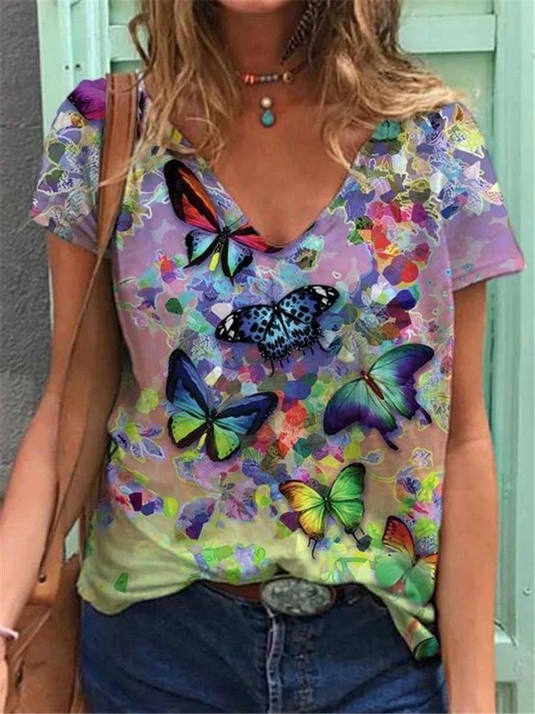Butterfly Print V-neck Short-sleeved T-shirt-Mayoulove