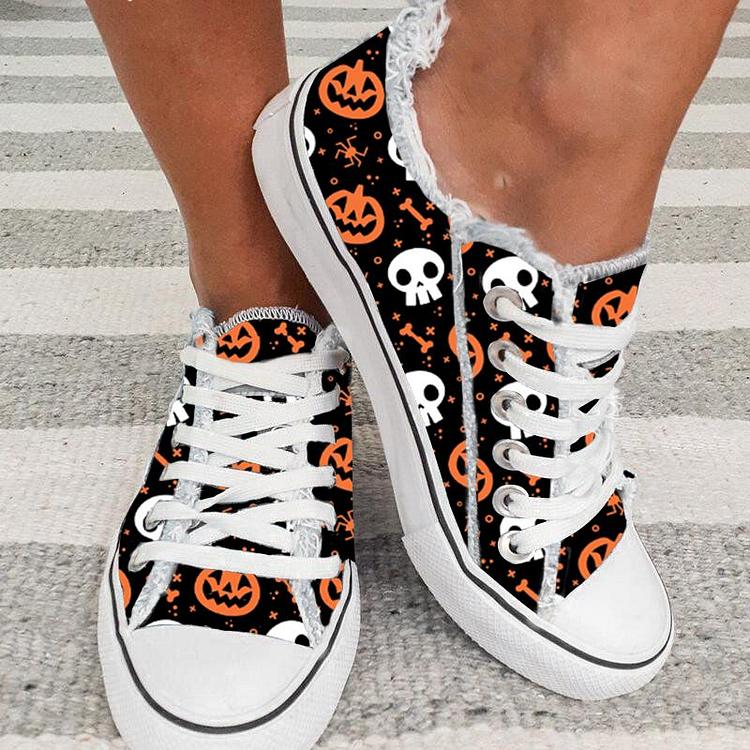 Women's Pumpkin Skull Slip on Lace-up Frayed Raw Low Top Canvas Shoes
