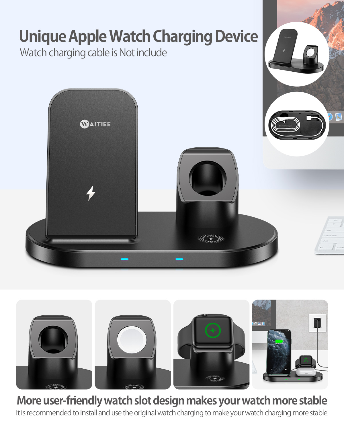 WAITIEE Wireless Charger 3 in 1 Stand for iPhone Apple iWatch Series 6/5/4/3/2/1 AirPods pro, QI