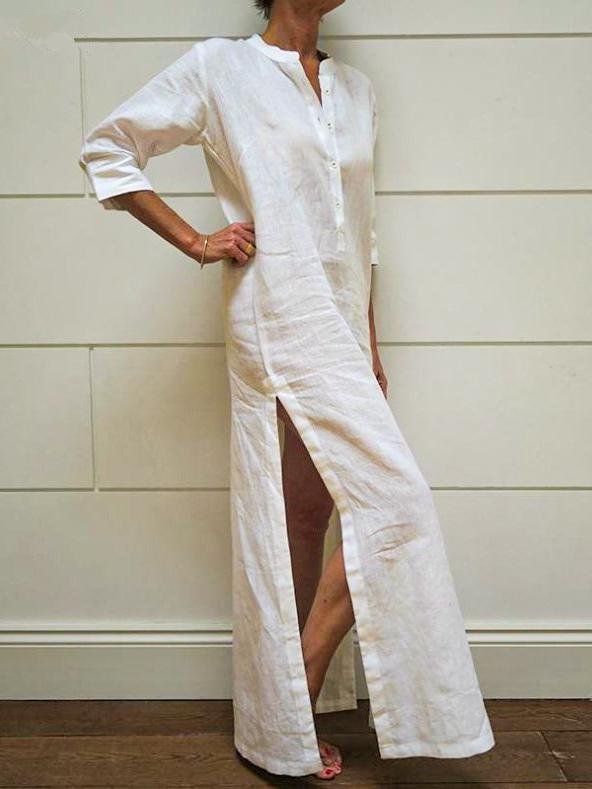 Button Casual Loose Slit Long Solid Color Cotton And Linen Dress-Mayoulove