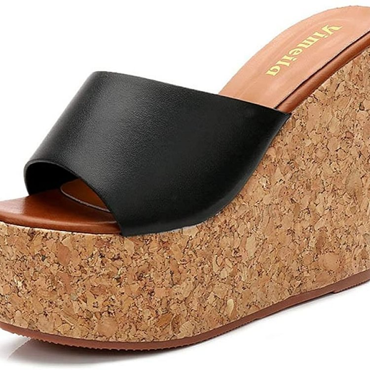 Womens Cork Platform Wedge Sandals Fashion High Heel Slip On Peep Toe Mules Slides