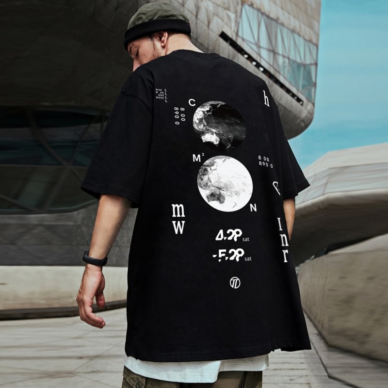 Crew Neck Summer New Graphic Print Letter Moon T-Shirts-VESSFUL