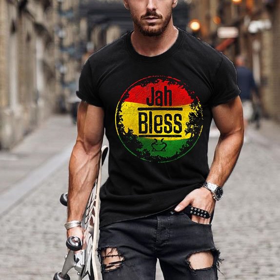 BrosWear Jah Bless Colorblock Graphic Casual Short Sleeve T-Shirt