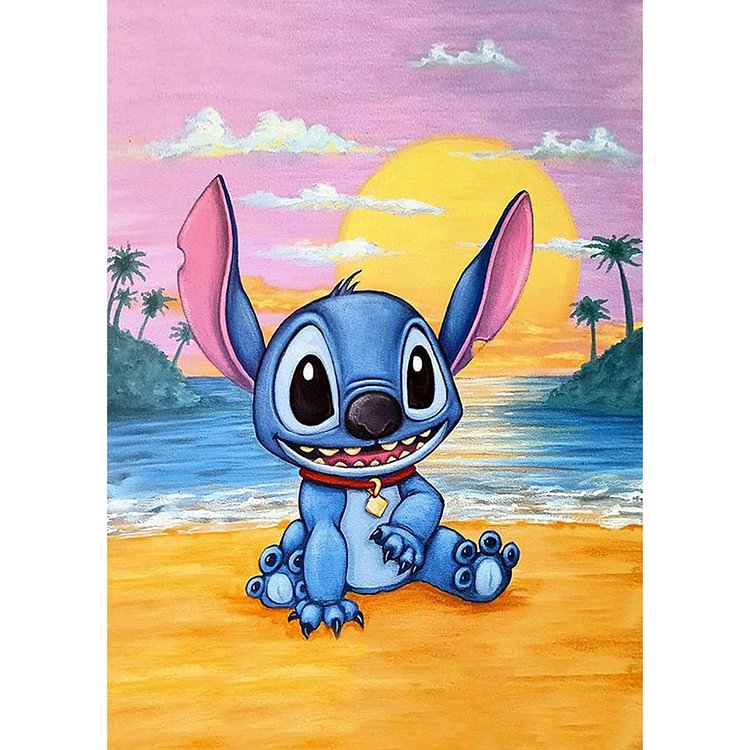 Cartoon Blue Stitch on Beach - Round Drill Diamond Painting - 30*40CM