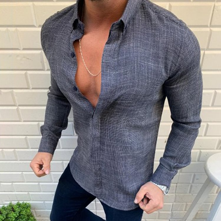 BrosWear Solid Color Texture Button Long Sleeve Shirt grey