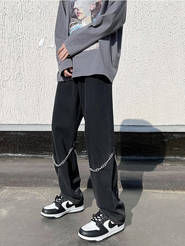 Harajuku Style Street Fashion Chain-trimmed Solid Color Loose Straight Pants