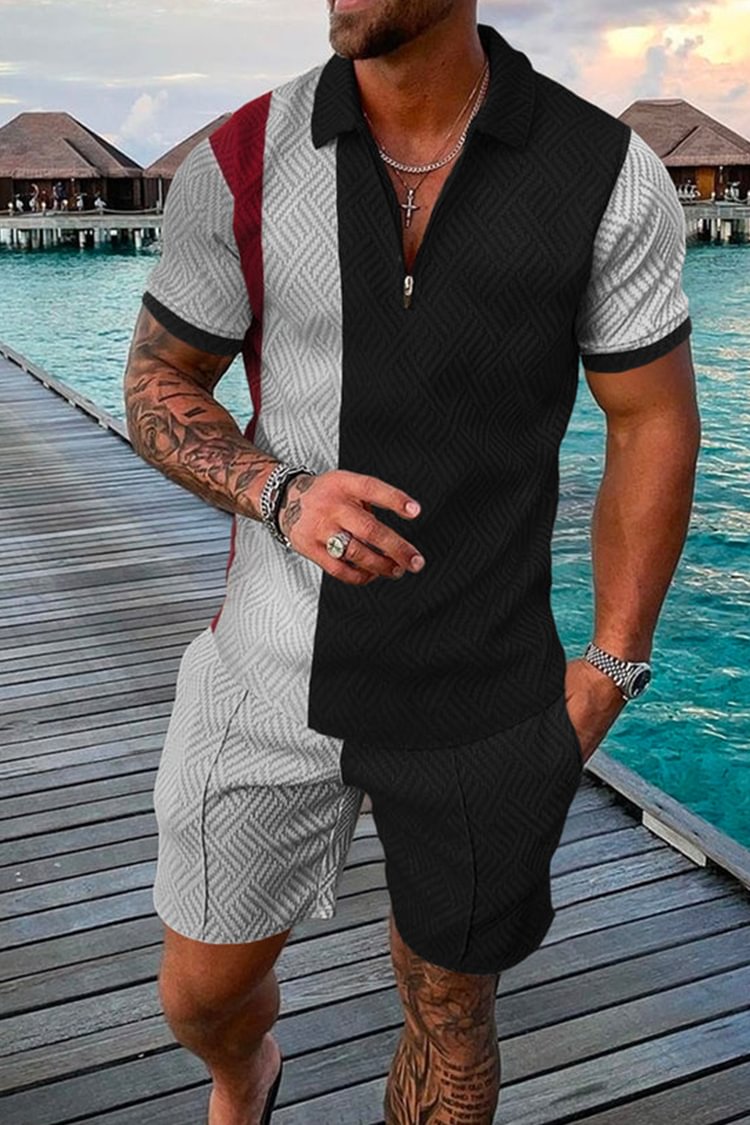 Tiboyz Fashion Men Colorblock Casual Short Sleeve Polo Shirt Set