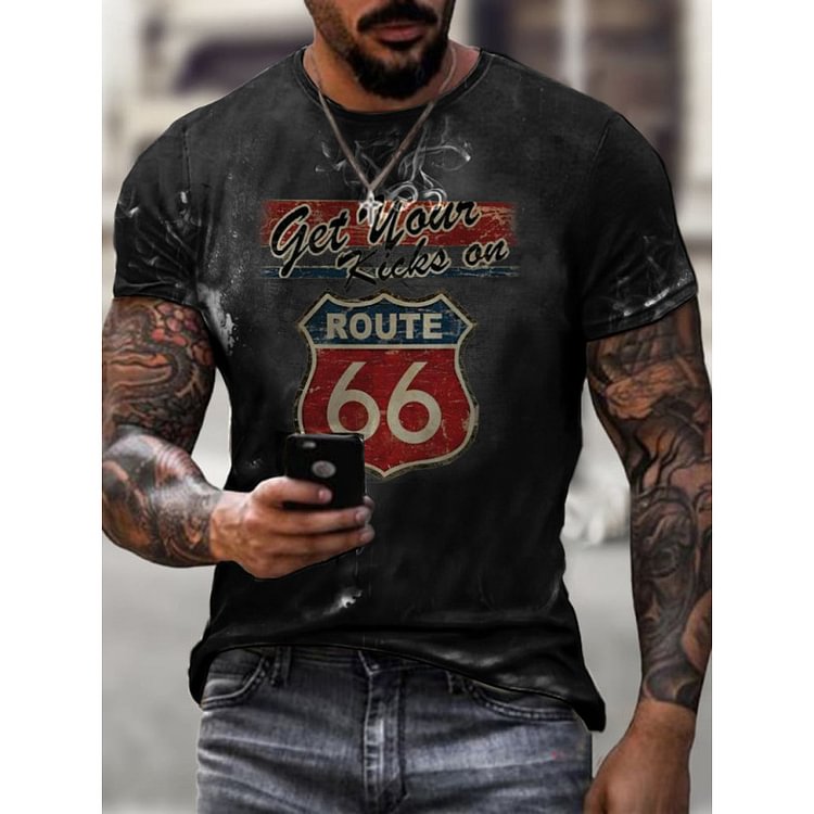 BrosWear Vintage Style Short Sleeve Route 66 Print T-Shirt Black