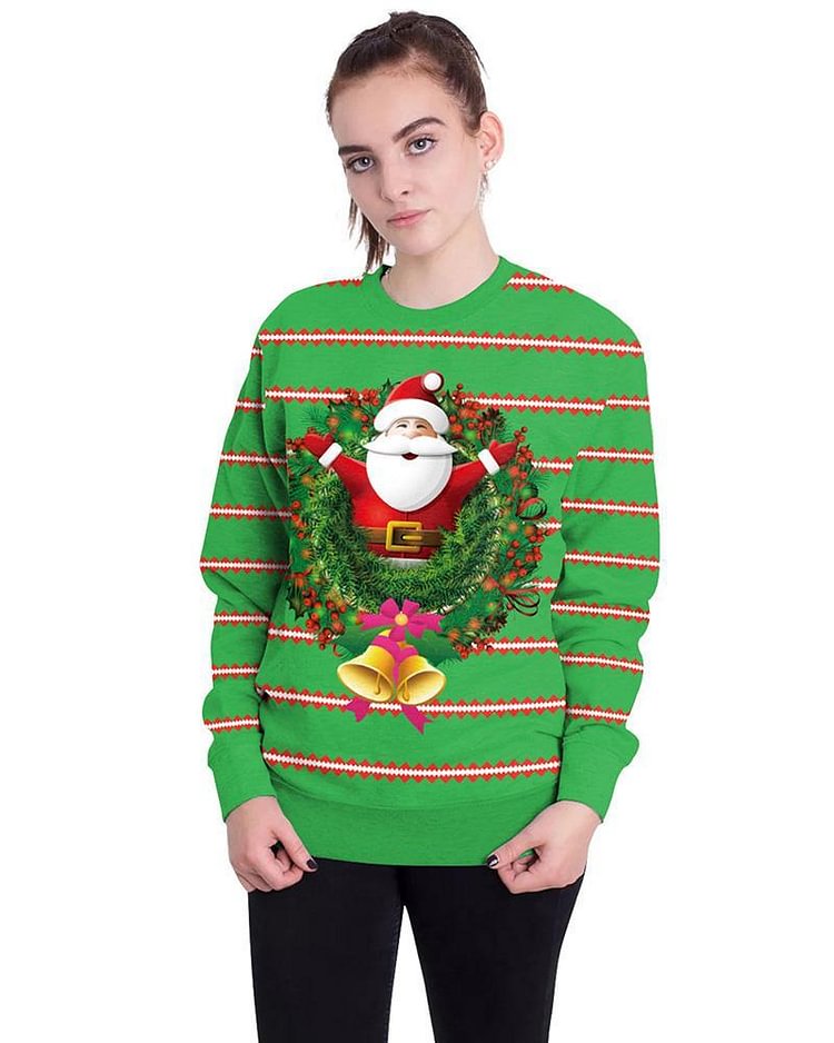 Mayoulove Green Striped Claus In Christmas Wreath Printed Pullover Sweatshirt-Mayoulove