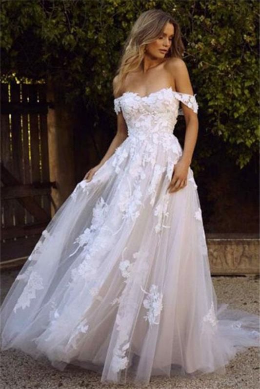 Luluslly Off-the-Shoulder Tulle Wedding Dress Lace Appliques A-Line