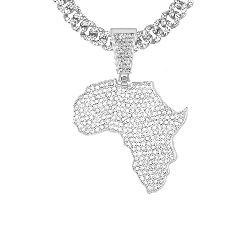 Iced Out Africa Map Rhinestone Pendant With Cuban Chain Necklace-VESSFUL