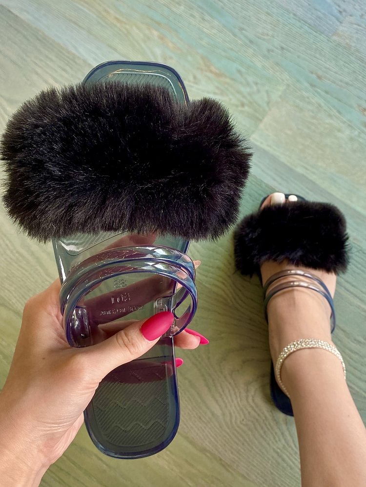 Women’s Large Size Crystal Jelly Sandals Faux Fur Slippers