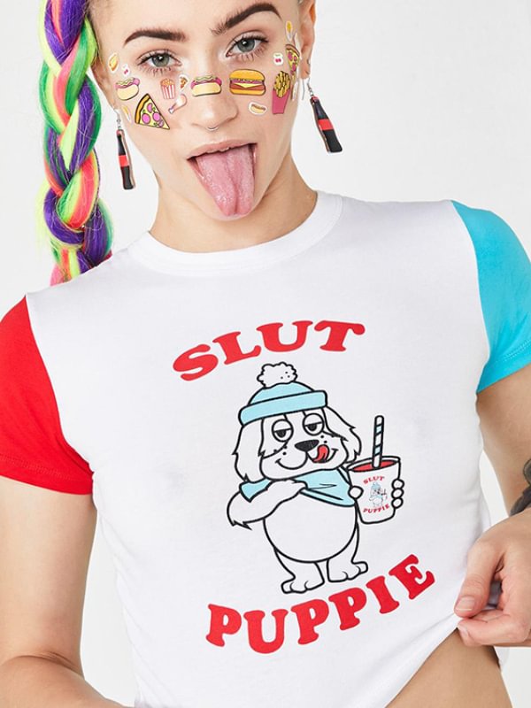 Y2K Sweet Girl Letter&dog Printed Paneled Color Block Crew Collar Short Sleeve Slim Midriff T-shirt