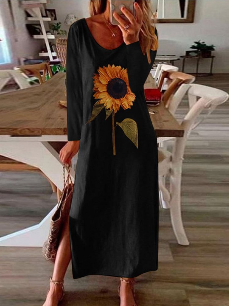 Sunflower plant printed side slit long sleeve dress-Mayoulove