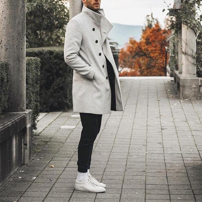 BrosWear Men's Mid Length Stand Collar Woolen Trench Coat light gray