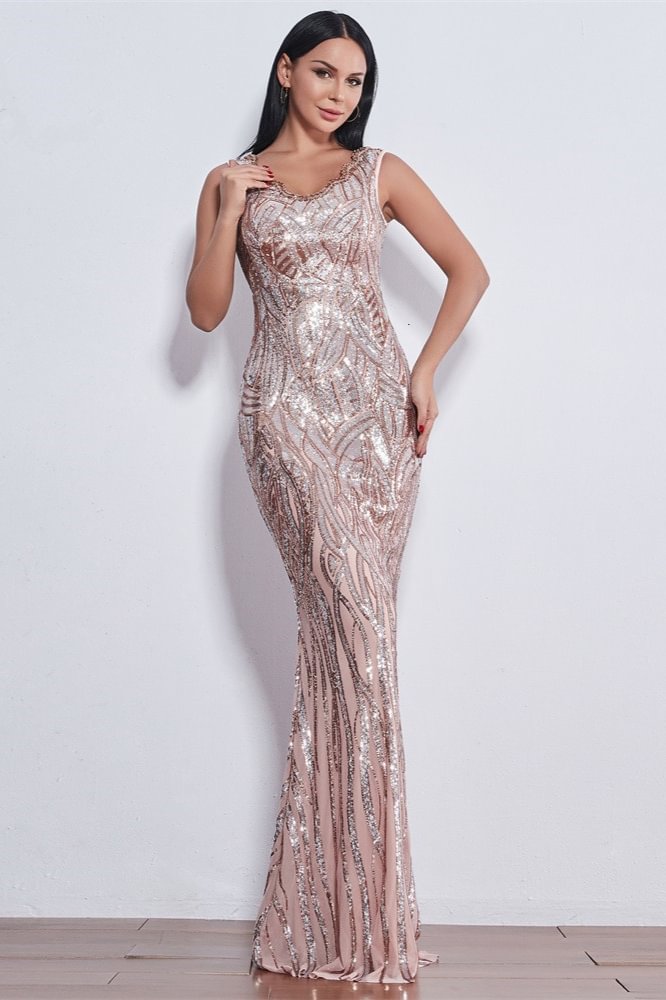 rose gold v-neck sleeveless mermaid sequins prom dress