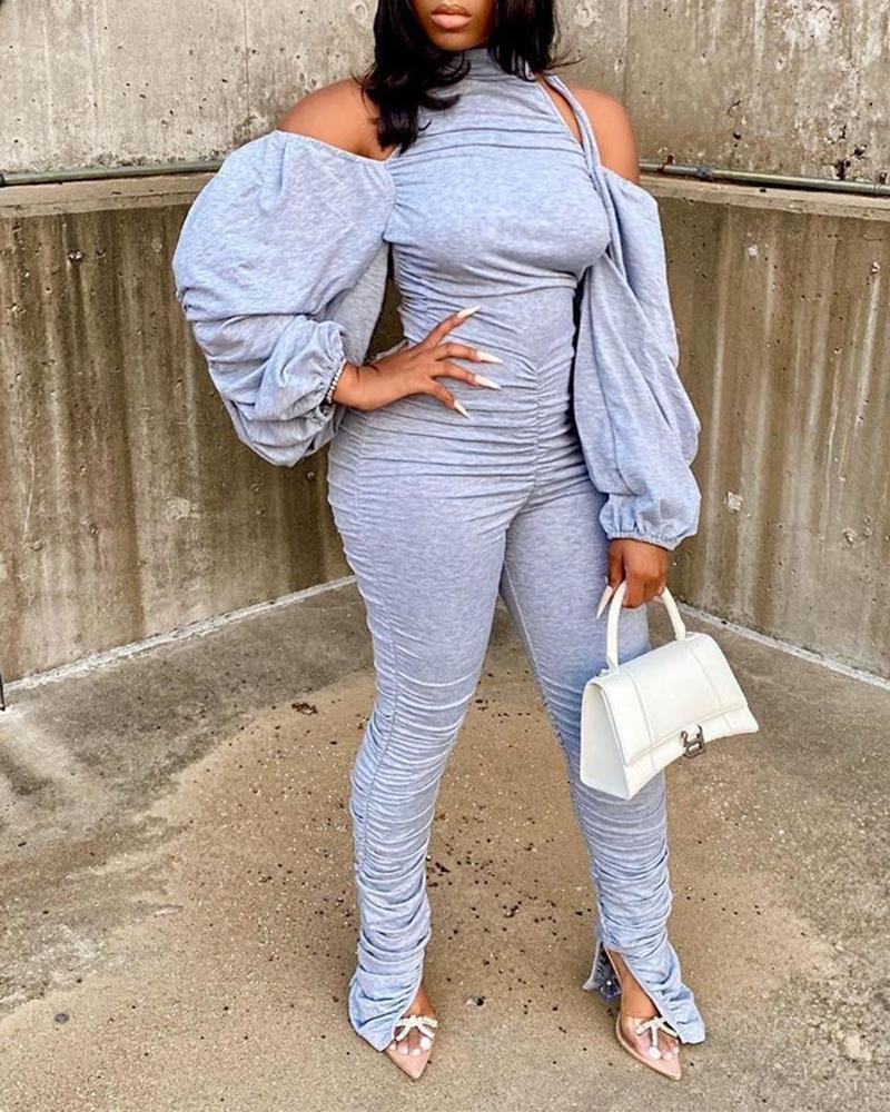 Solid Long Bubble Sleeve Cold Shoulder Backless Jumpsuits P15175