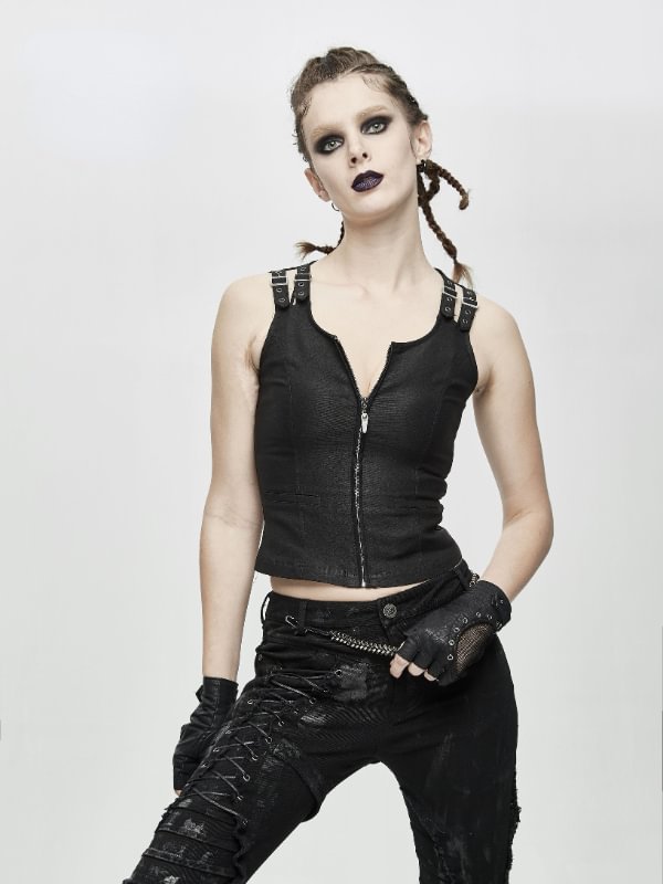 Zipper Up Hollow Out Lace Up Punk Women Black Leather Vests with Loops
