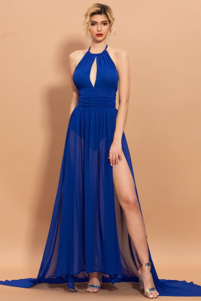 royal blue halter chiffon prom dress