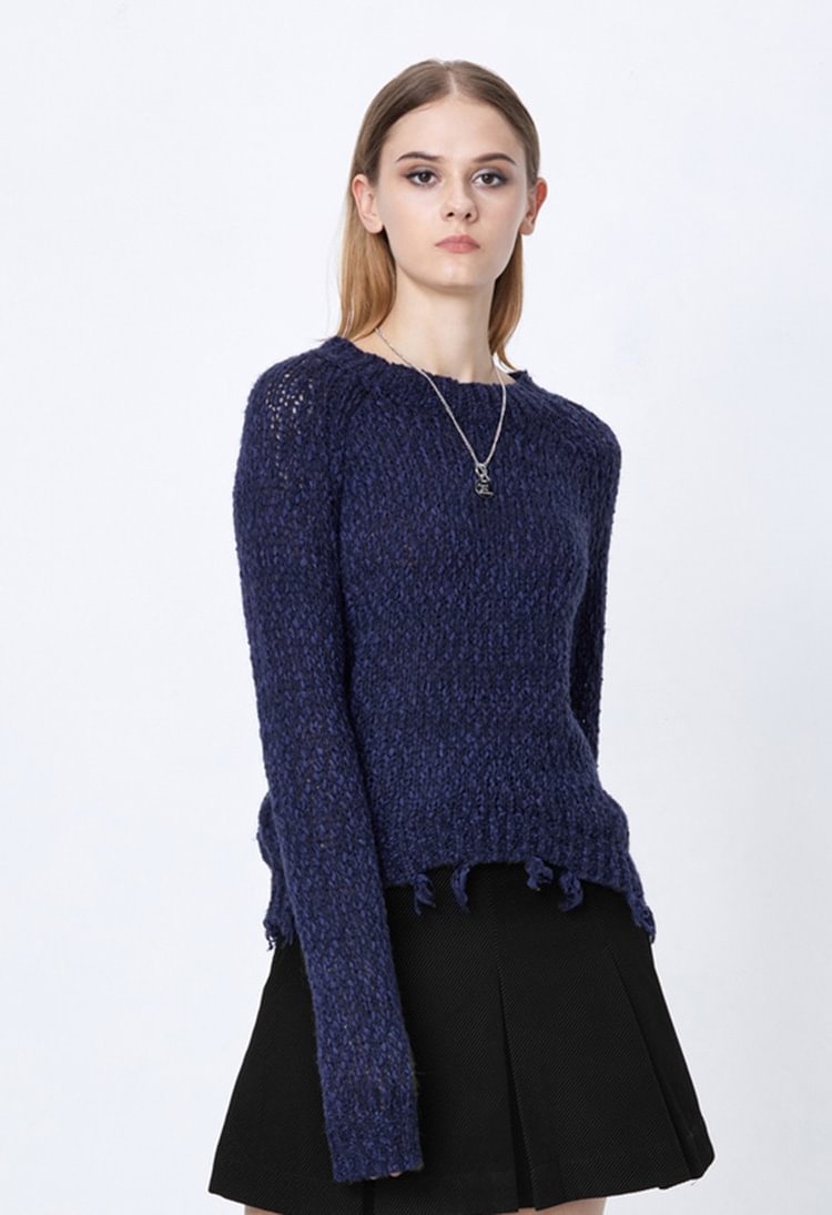 SDEER Round Neck Tassels Distressed Long-sleeved Blue Sweater