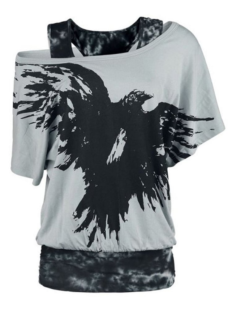 Short-sleeved suspender retro bird print T-shirt