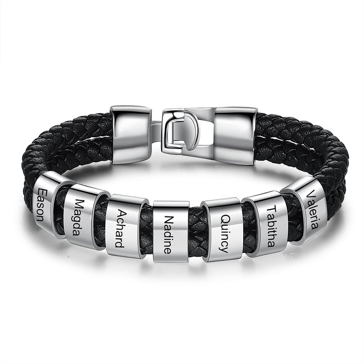 7 Names -Personalized Mens Leather Bracelet with Name Beads