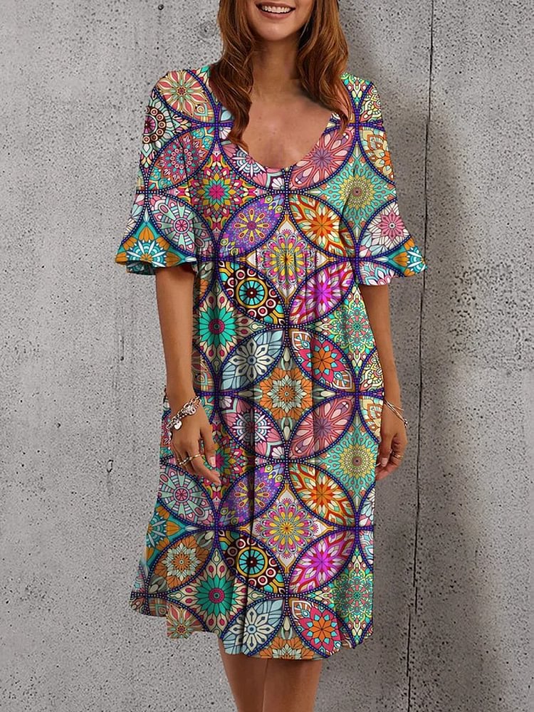 Printed Women Vintage Short Sleeve Plus Size Dress