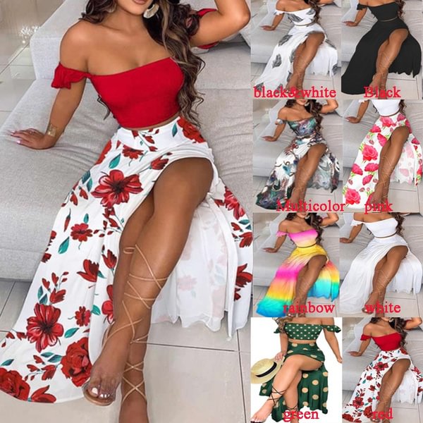 New Summer Women Fashion Elegant Two Pieces Sets Off Shoulder Cropped Top & Split Mini Skirt Suit Two Piece Set Outfit Plus Size