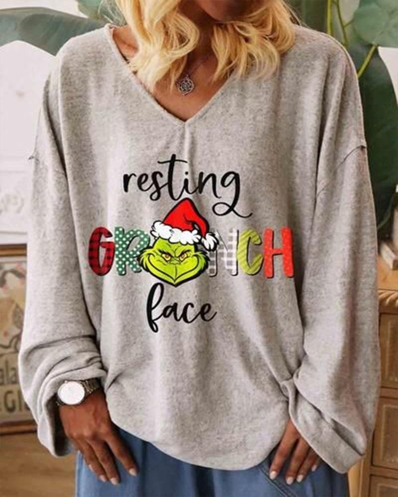 Grinch Letter Print Long Sleeve Casual T-Shirt