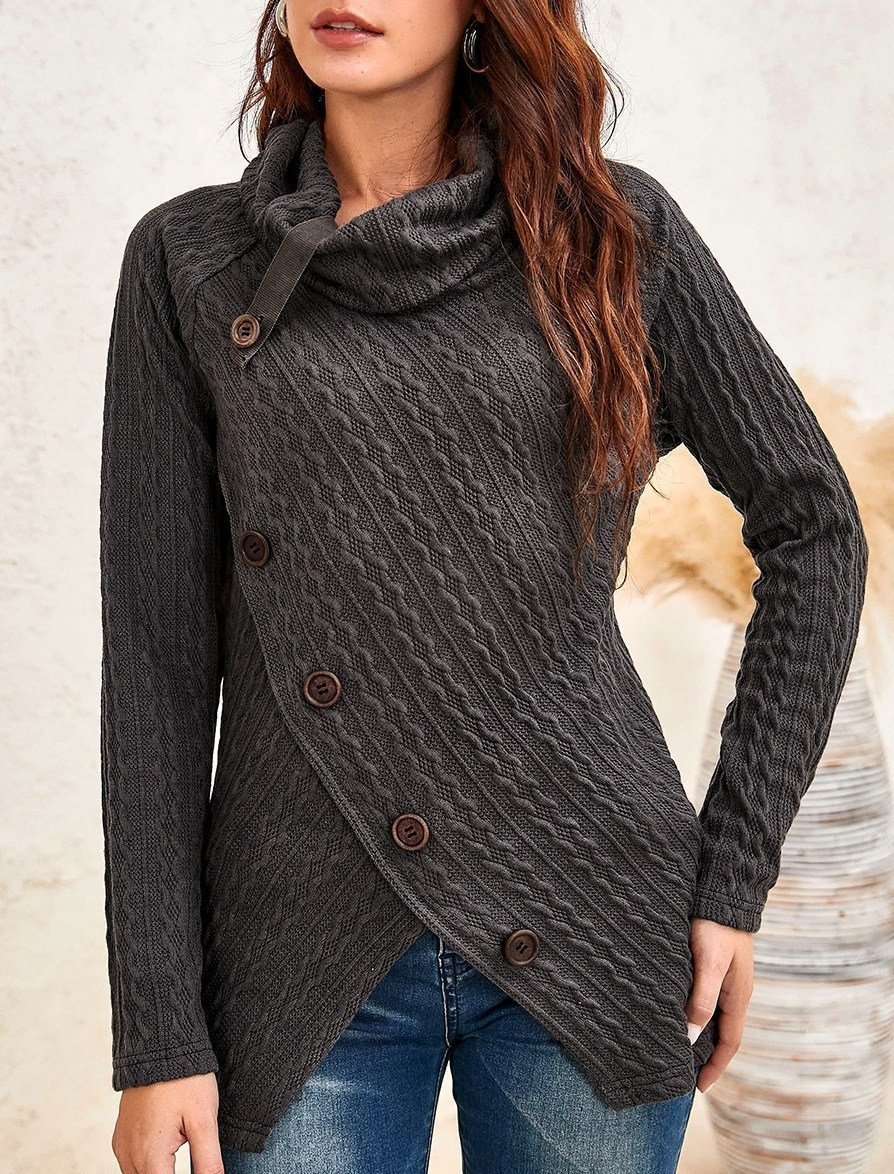 Women's Solid Cable High-neck Long-sleeved Sweater-Corachic