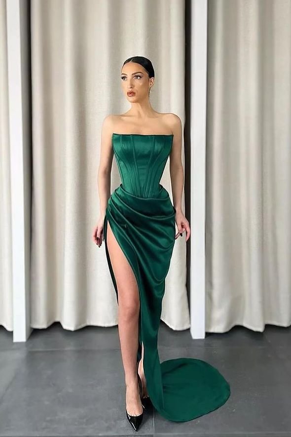 Luluslly Dark green Strapless Mermaid Prom Dress Long With Slit