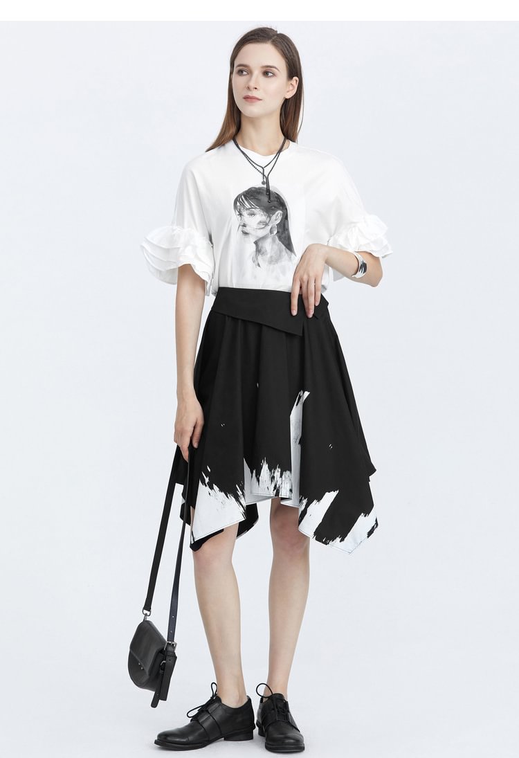 SDEER Contrast print irregular black a-line skirt