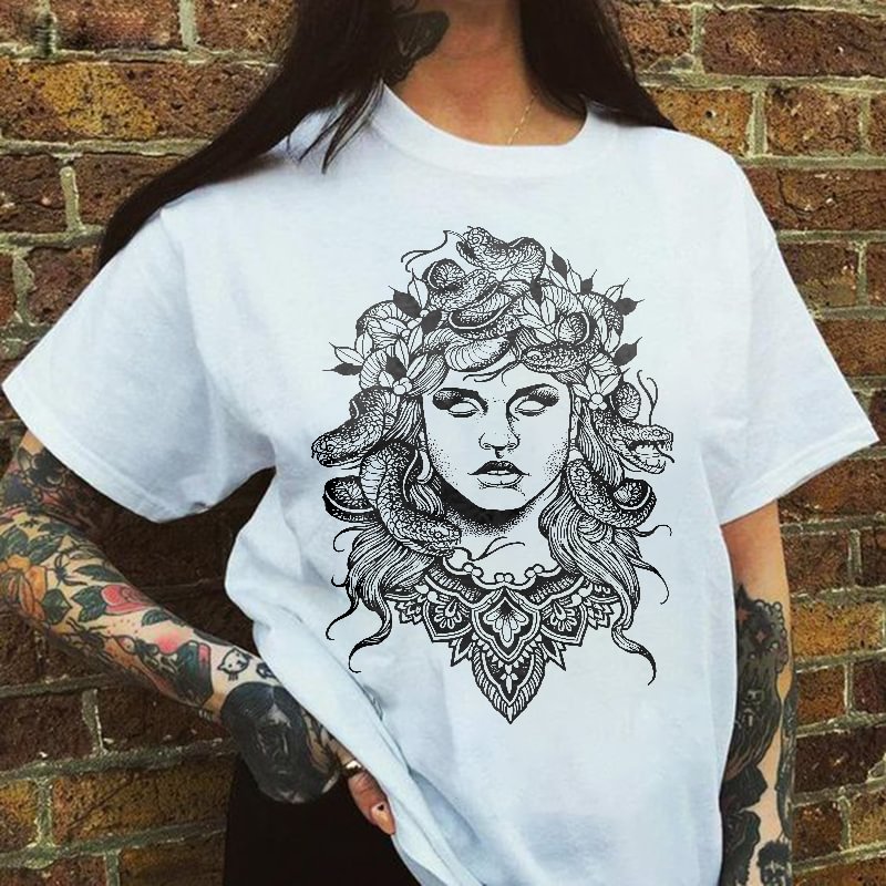Retro Medusa Printed White Casual Women T-shirt - Krazyskull