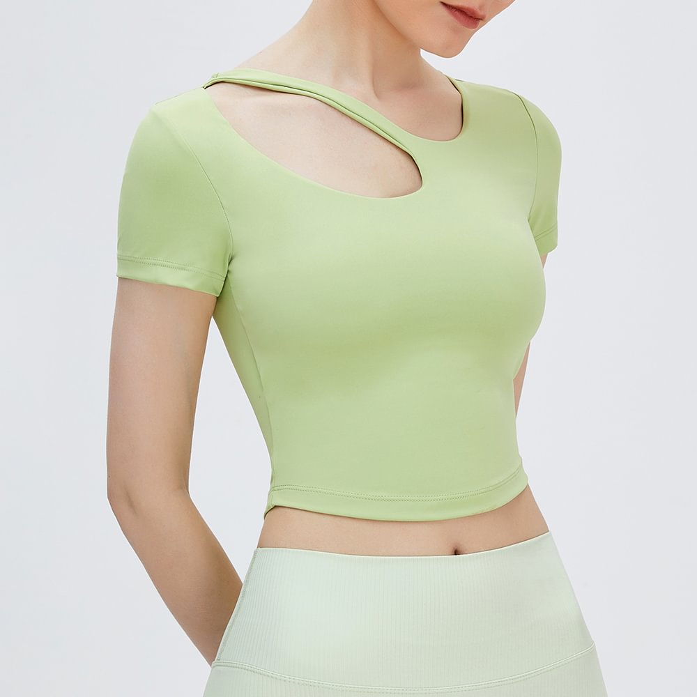 Lime green Hergymclothing short sleeve hollow out collar silky workout running crop top t shirt with cups for sale