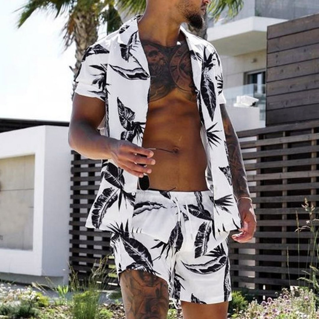 Summer Hawaii Tropical Print Short Shirts Suits Top With Pants Two Pieces Sets-VESSFUL