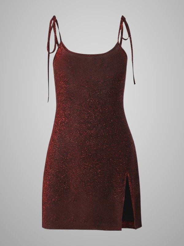 Gothic Dark Statement Party Glitter Solid Red Split Spaghetti Bodycon Dress