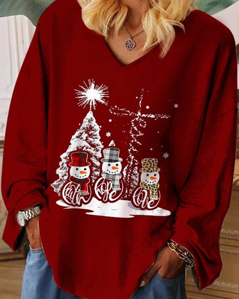 Womens Christmas Snowman Printing V-neck Casual Plus Size Tops