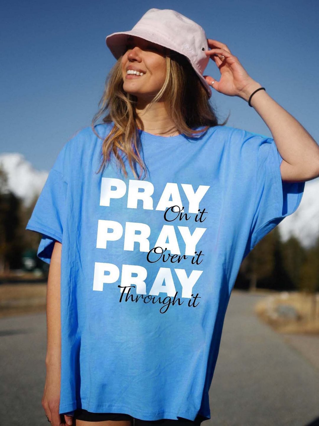 Women's Pray On It Pray Over It Pray Through It Oversized Cotton T-Shirt / [blueesa] /