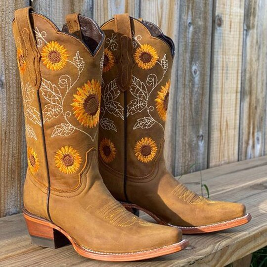 Women's Vintage Western Cowboy Sunflower Riding Boots - vzzhome